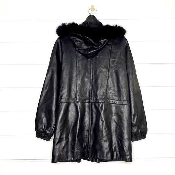 Vintage Genuine Lambskin Leather Black Parka w/ Fox Fur Trimmed Removable Hood - Picture 4 of 15